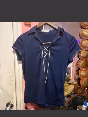 1970s vintage Navy blue cropped collared top 
 Lace-Up